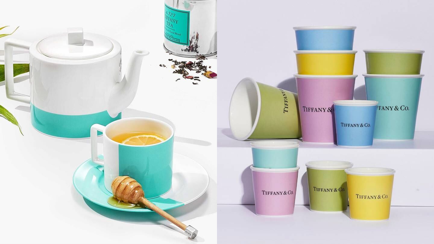 Products from Tiffany Co.'s cafe, including tea cups, travel cups and a tea pot.