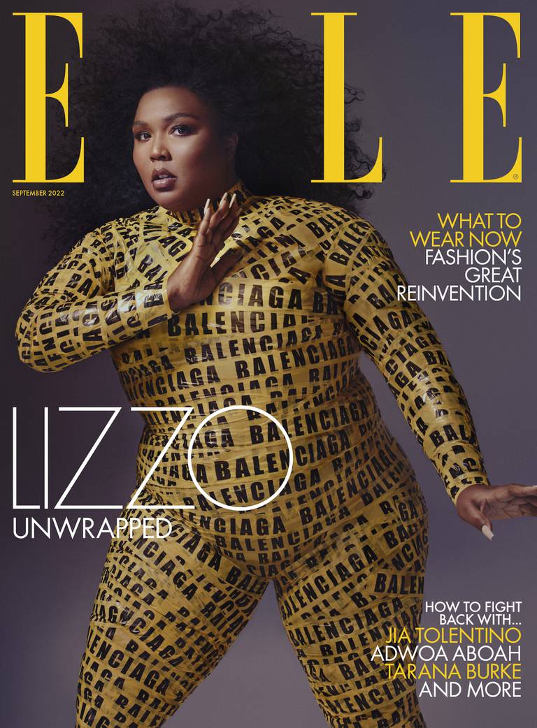 The cover of the Elle UK September issue with singer Lizzo on the cover, wrapped in Balenciaga-branded gaffer tape.