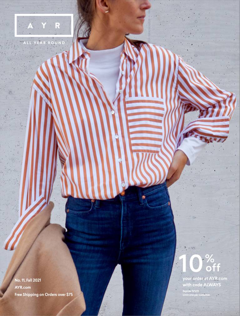 Model in catalog wearing striped red shirt.