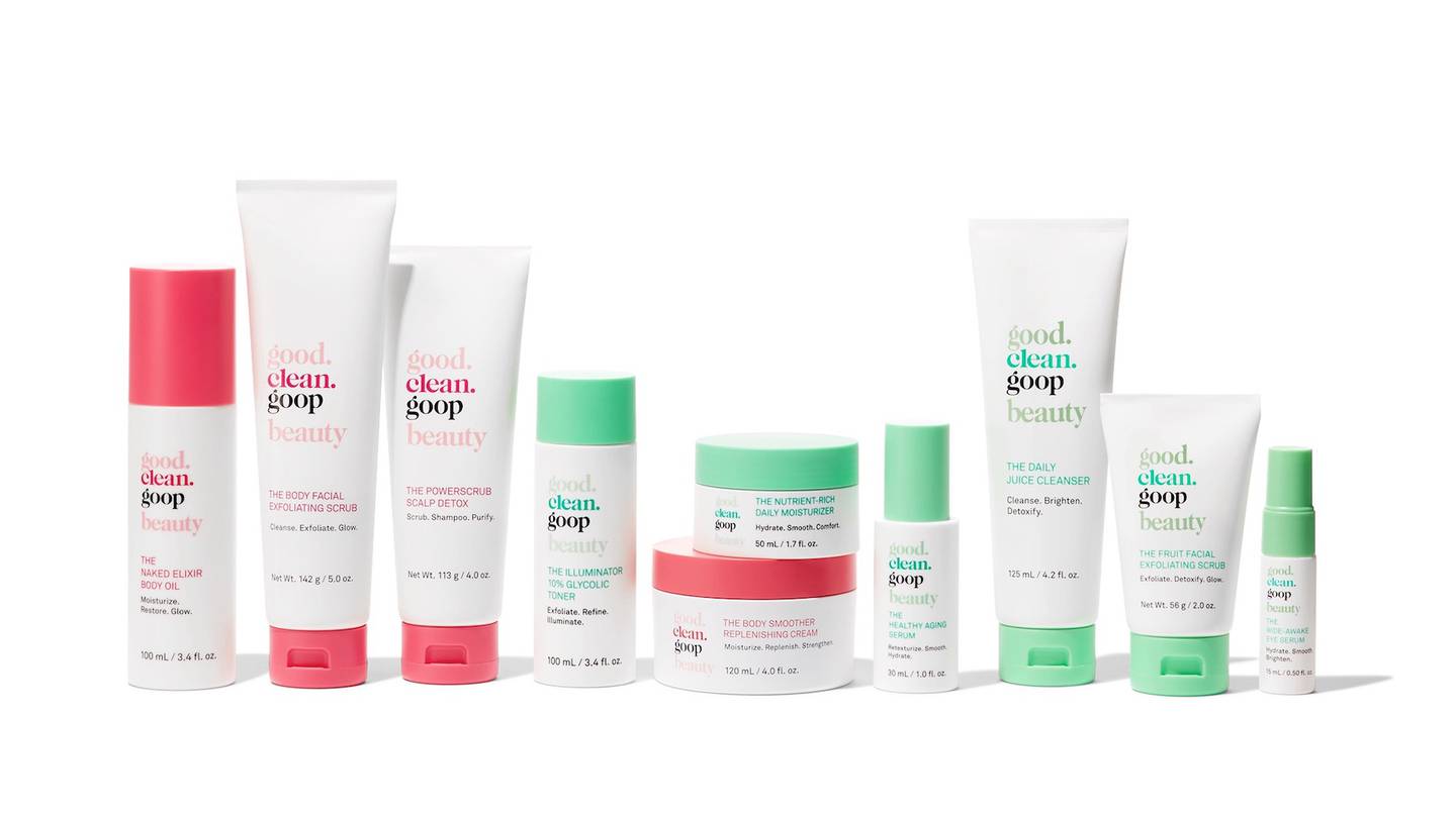 Ten bottles showing the full lineup of skin-care and body-care products in Goop's newly launched brand  Good.Clean.Goop.