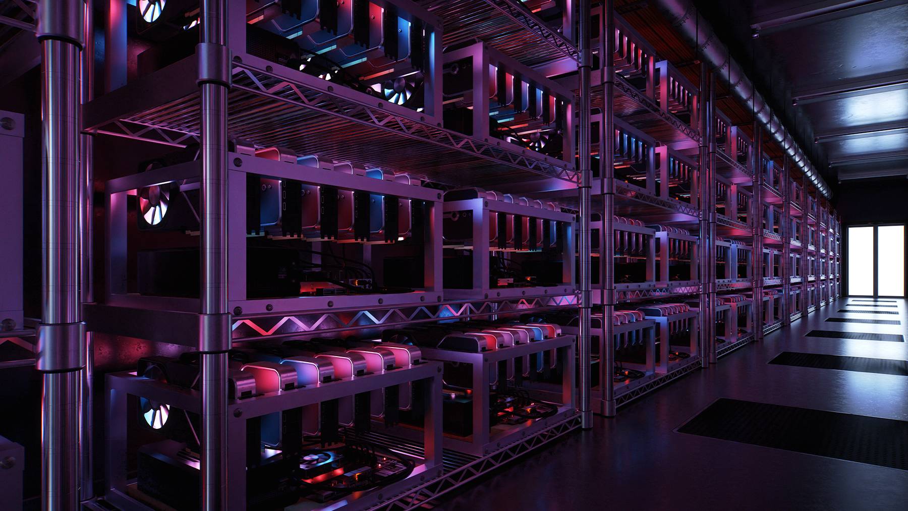 The inside of a data centre for cryptocurrency. Showing purple and blue lighting of a large computer like system with floor to ceiling stacks of wires.