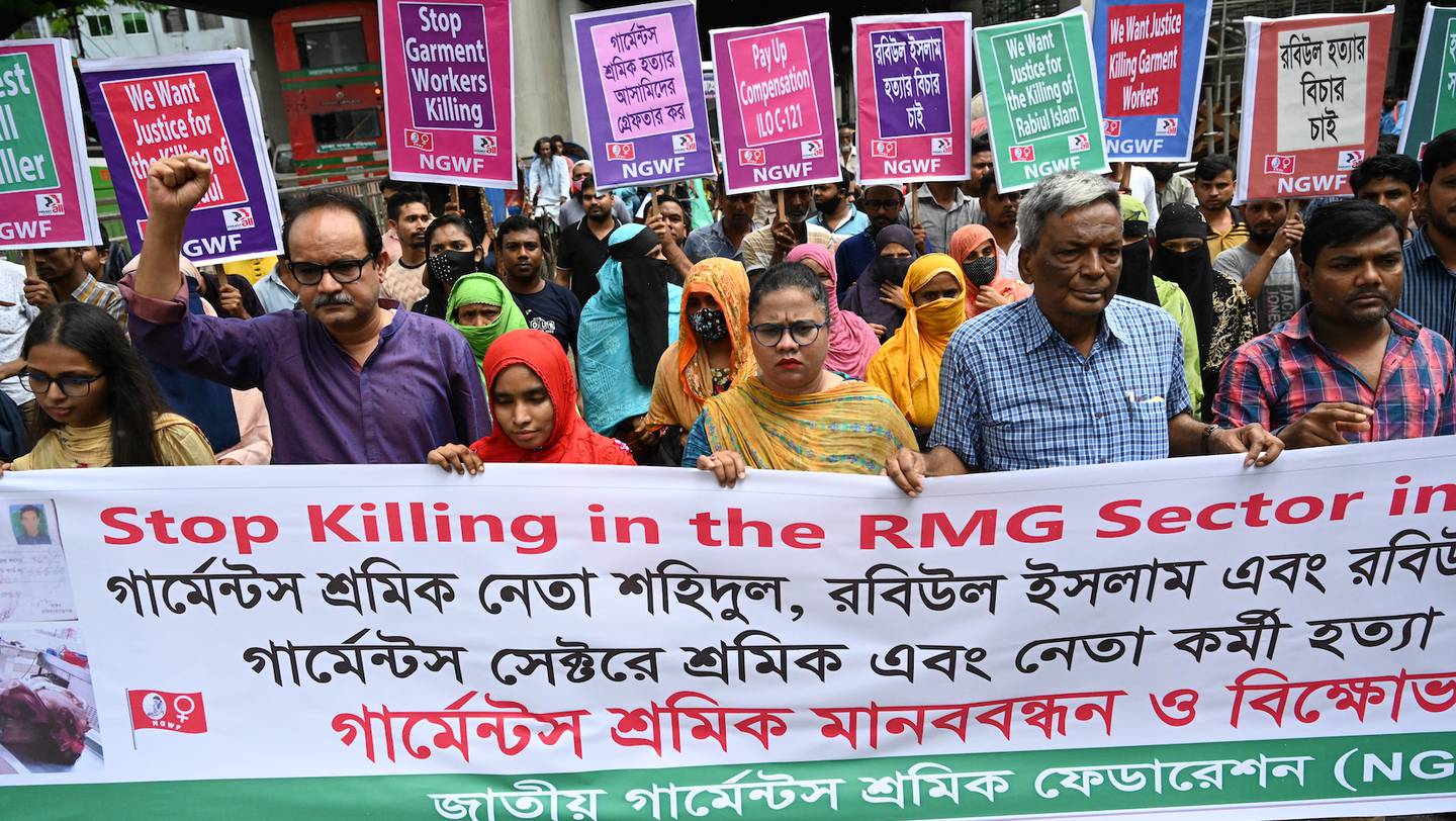 Activist of National Garment Workers Federation Stage a Protest rally demanding justice for Garment workers leader Shahidul, Rabiul Islam and Rabiul killing, in Dhaka, Bangladesh, on August 14, 2023