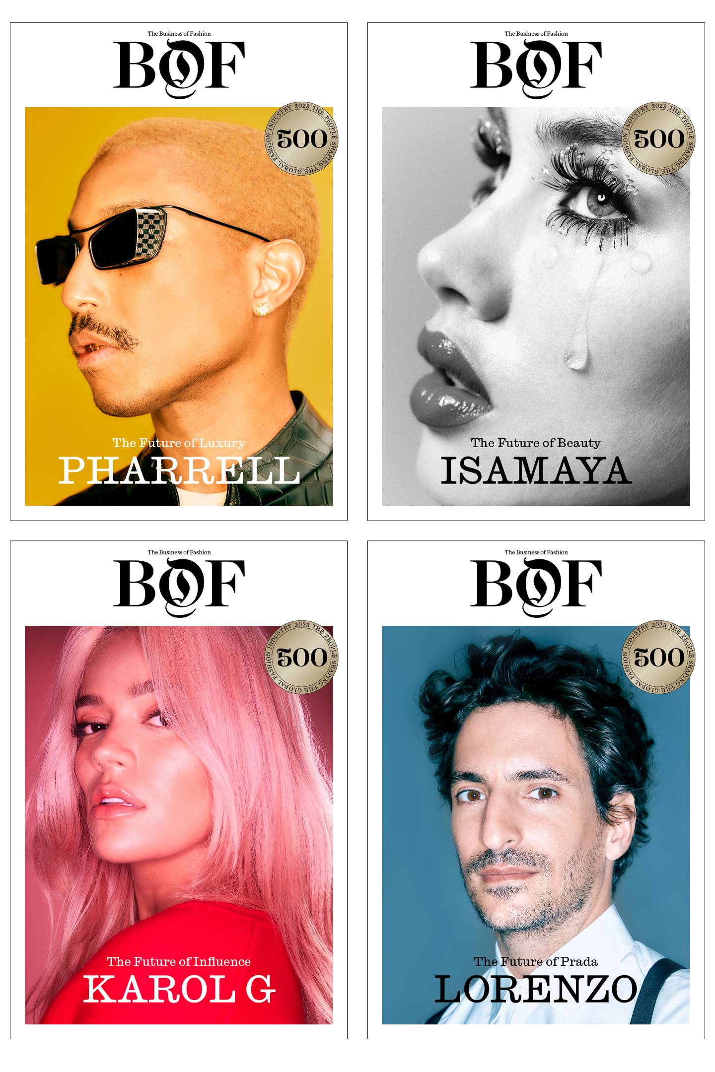 Pharrell Williams, Isamaya Ffrench, Karol G and Lorenzo Bertelli are the subjects of BoF’s global BoF 500 Cover Stories.