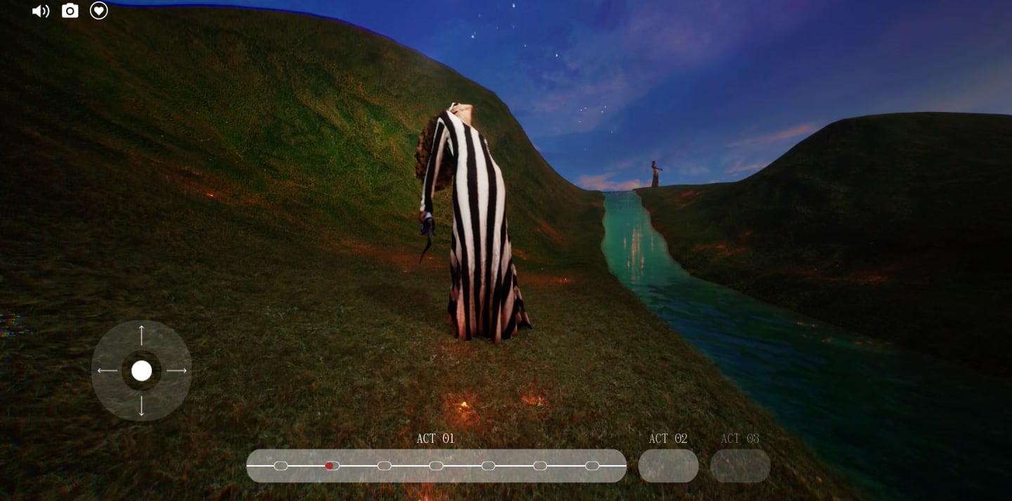 An avatar of a woman in a black-and-white striped Marni dress leans back and looks at the sky in a dream-like twilight landscape of rolling hills.