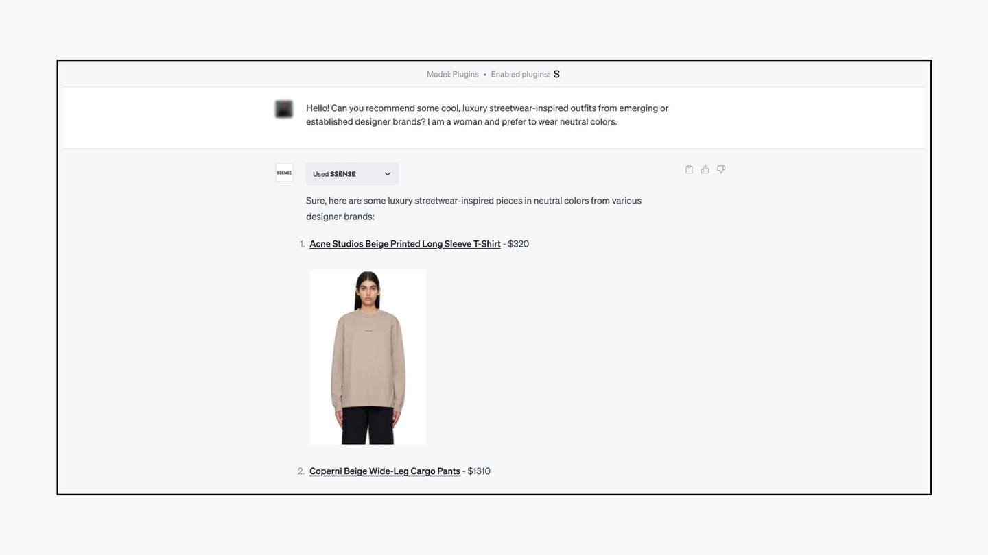 A screen capture shows Ssense's chatbot responding to a user question about “cool, luxury streetwear-inspired outfits” in neutral colours.
