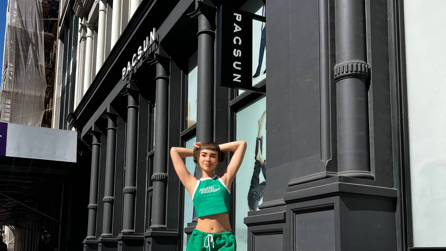 The virtual influencer Miquela stands outside a Pacsun store.