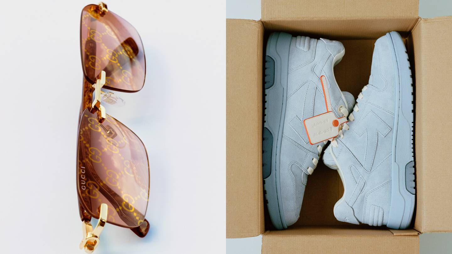A diptych of Gucci sunglasses and Off-White sneakers.