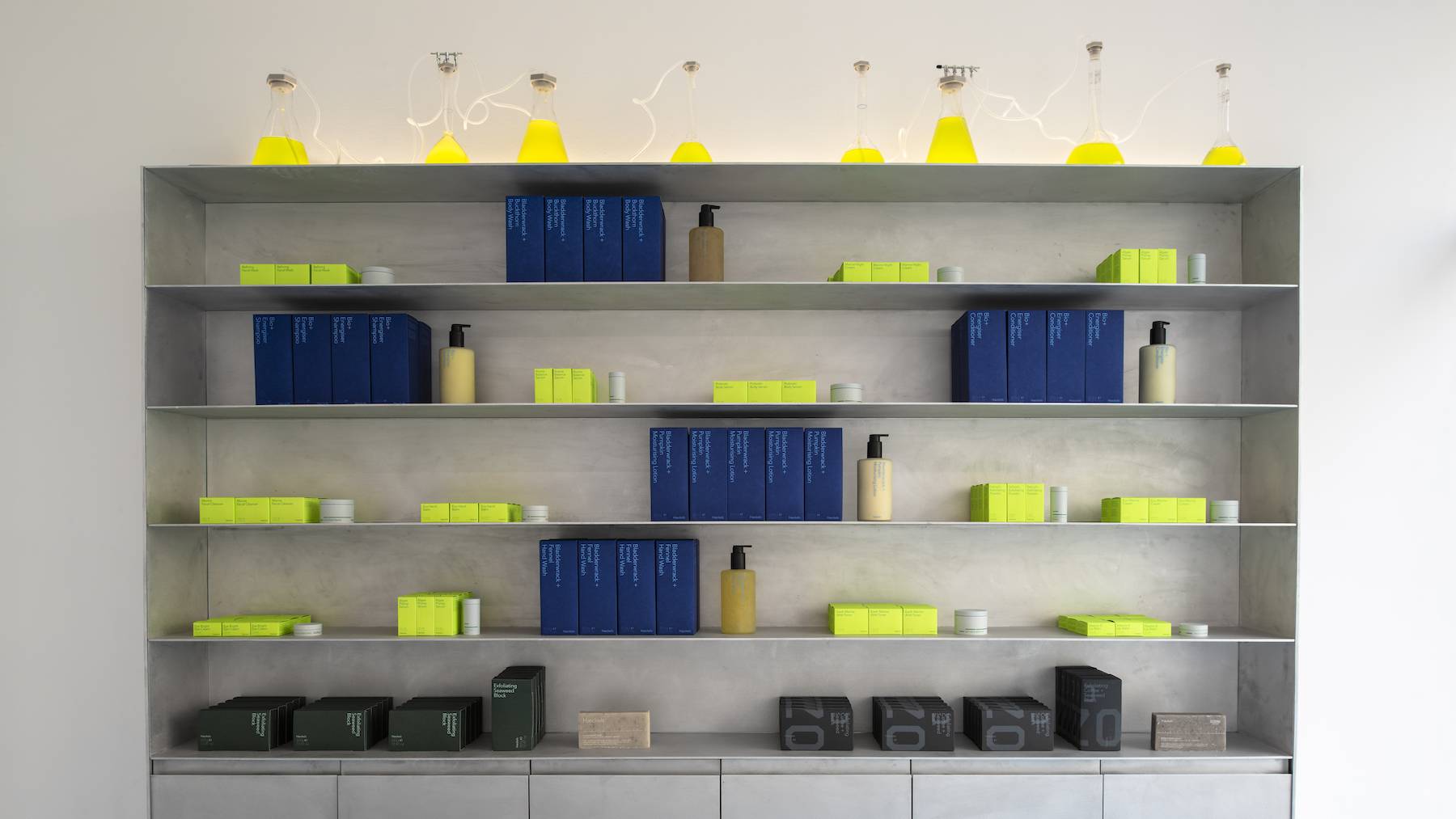 A set of shelves in one of Haeckels' stores displaying candles, soap and skincare with bioreactors of spirulina on the top-most shelf.