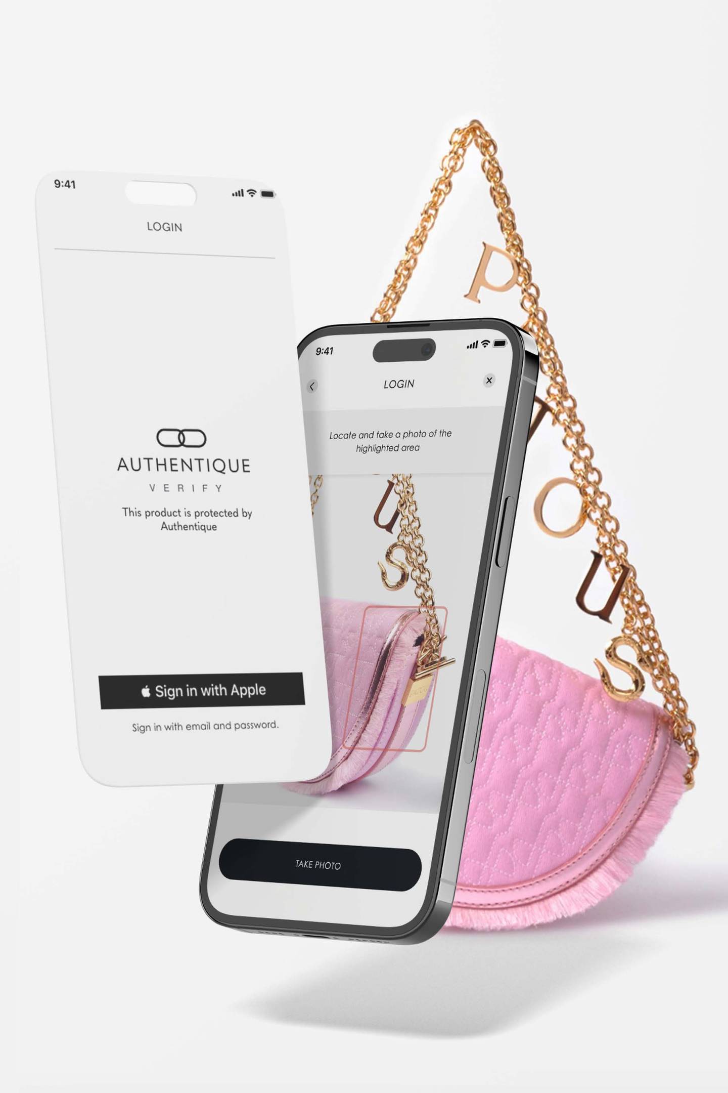 An illustration shows an iPhone with the Authentique app open and the camera pointed at a highlighted area on a pink Patou bag.