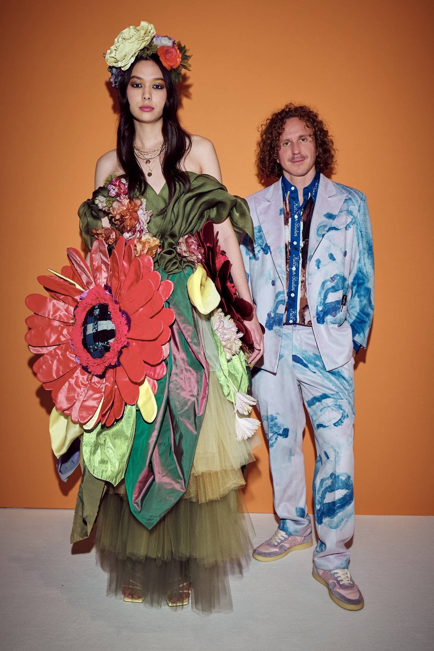 KidSuper designer Colm Dillane poses with a model at the LVMH Prize ceremony in 2021.