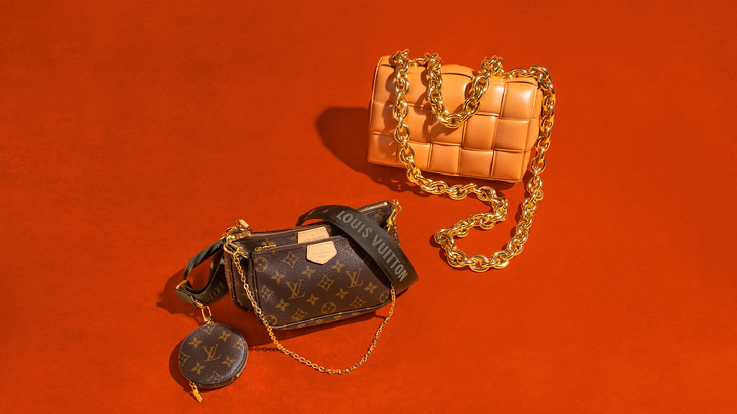 Louis Vuitton and Bottega Veneta handbags.