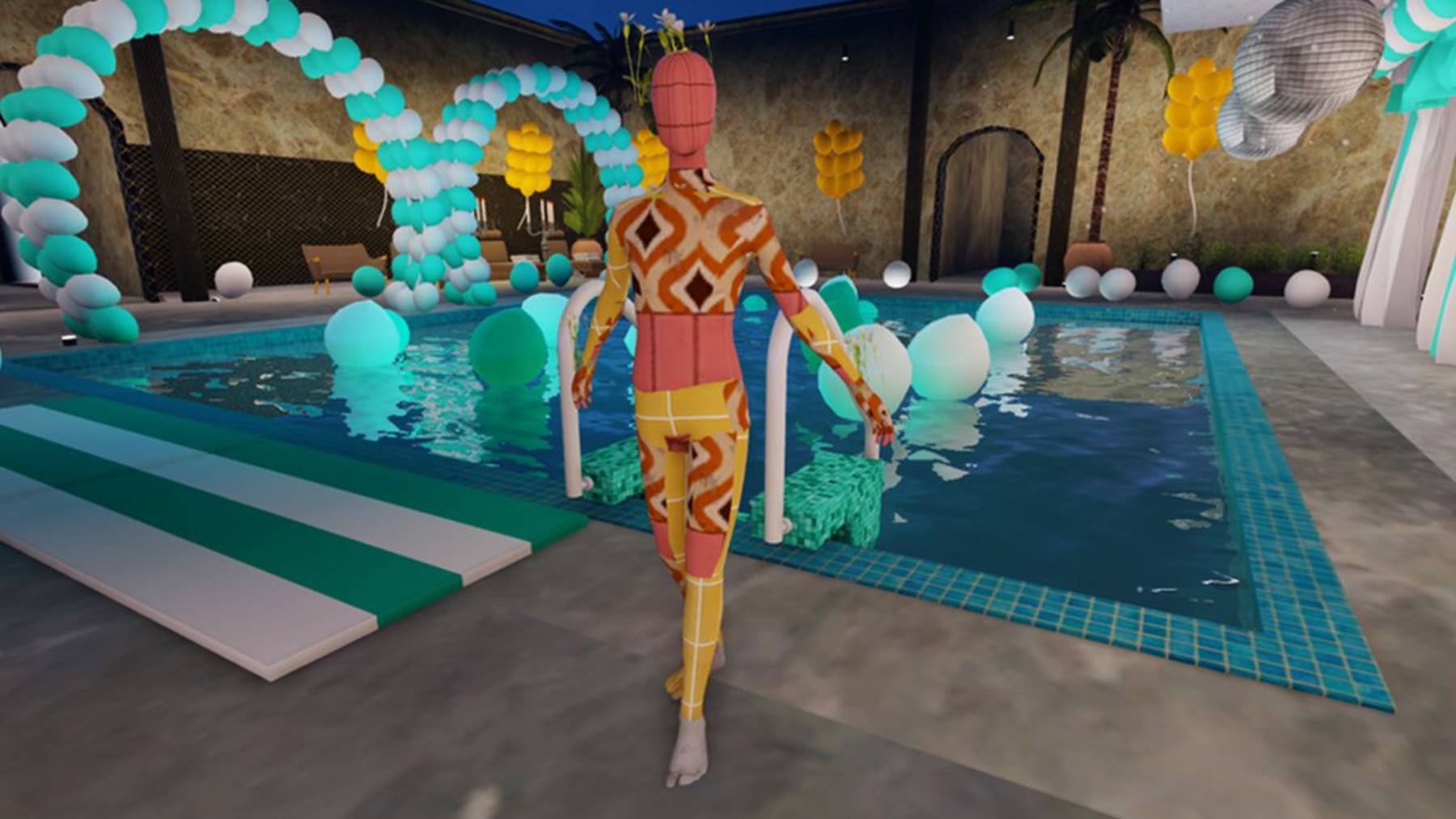 A figure covered in a graphic print stands in front of a pool in a digital image.