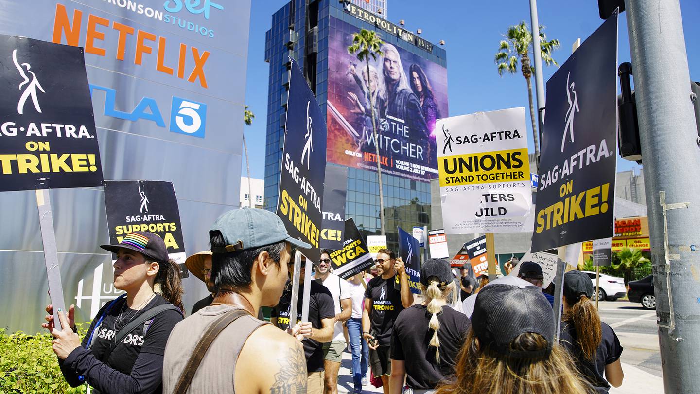 Actors in the SAG-AFTRA union join the already striking WGA union on the picket line.