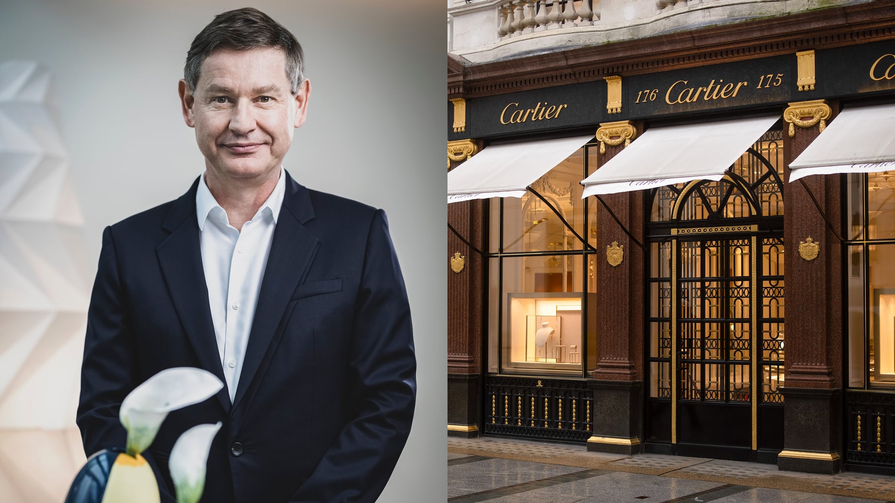 Cartier CEO Cyrille Vigneron; A Cartier store in London, UK. Cartier; Getty Images.