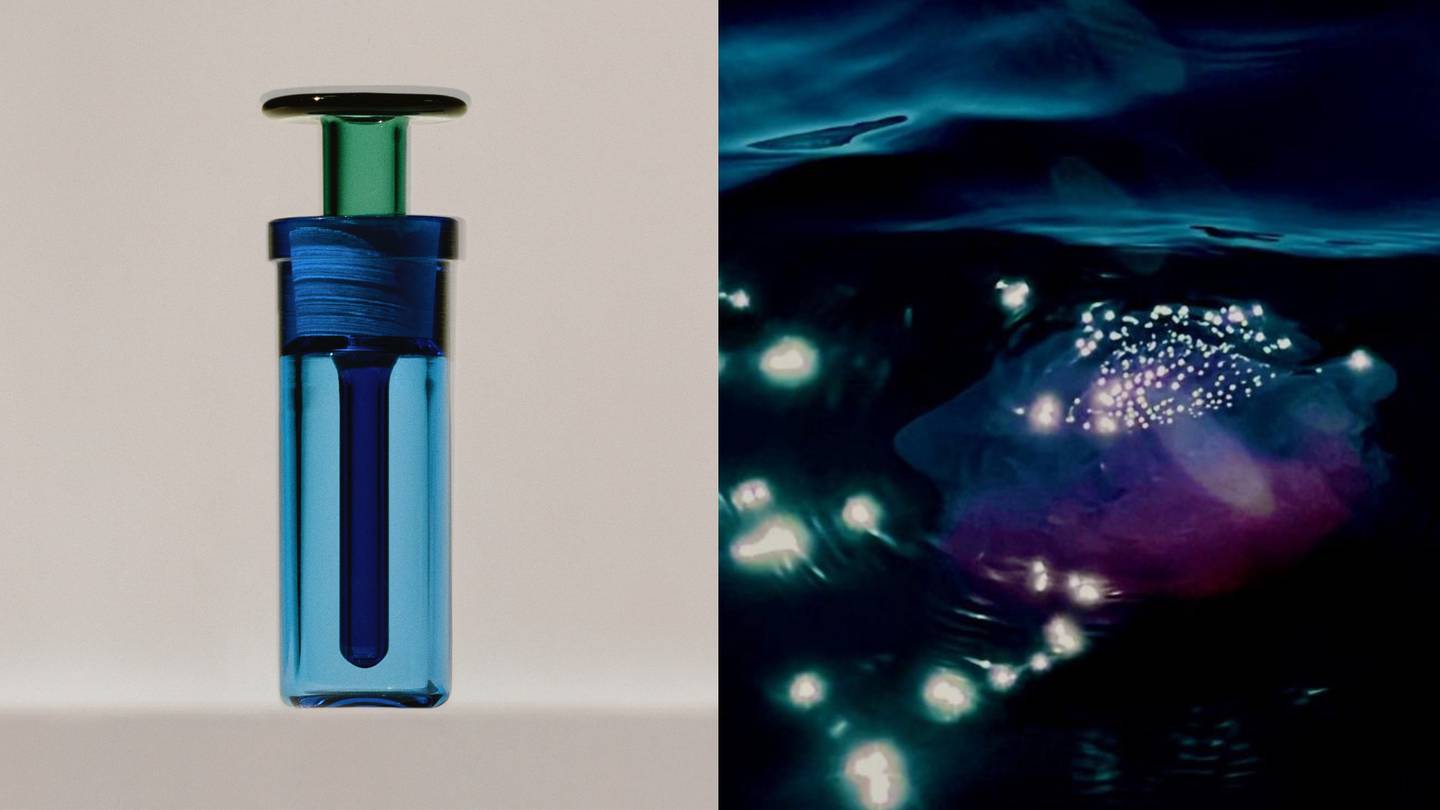 The bottle for Arpa's new perfume, Manta, alongside a rendering of the meditation vision Fillion says inspired the scent.
