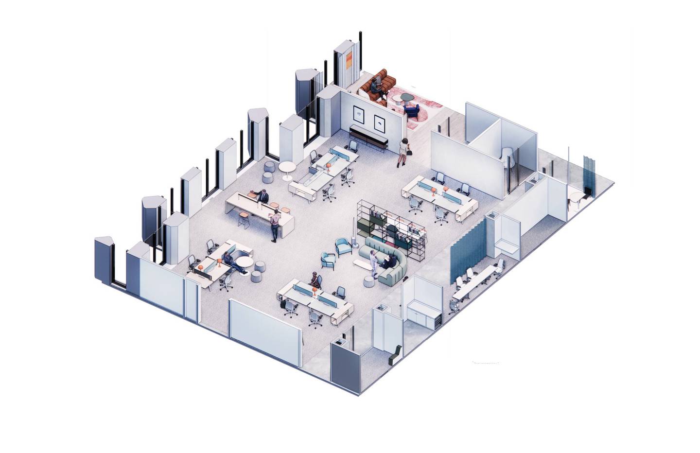 内曼·马库斯(Neiman Marcus)在达拉斯的新“开放概念”工作空间的渲染图。