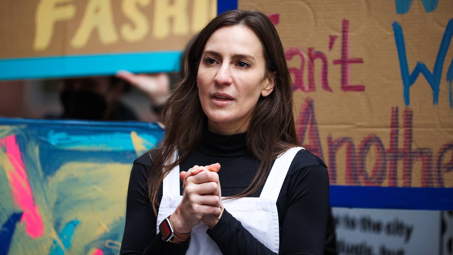 Former NY State Senator Alessandra Biaggi attends The Fashion Act Rally held by the Button and Needle Sculpture in Manhattan on February 12, 2022.
