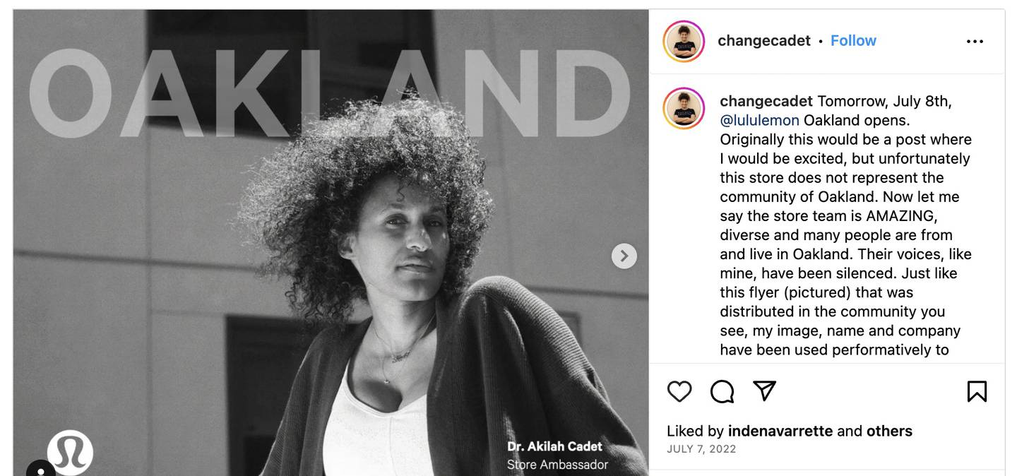 A July 2022 Instagram post by Akilah Cadet, an executive coach and diversity consultant who worked with Lululemon since 2019 as a DEI consultant and brand ambassador.