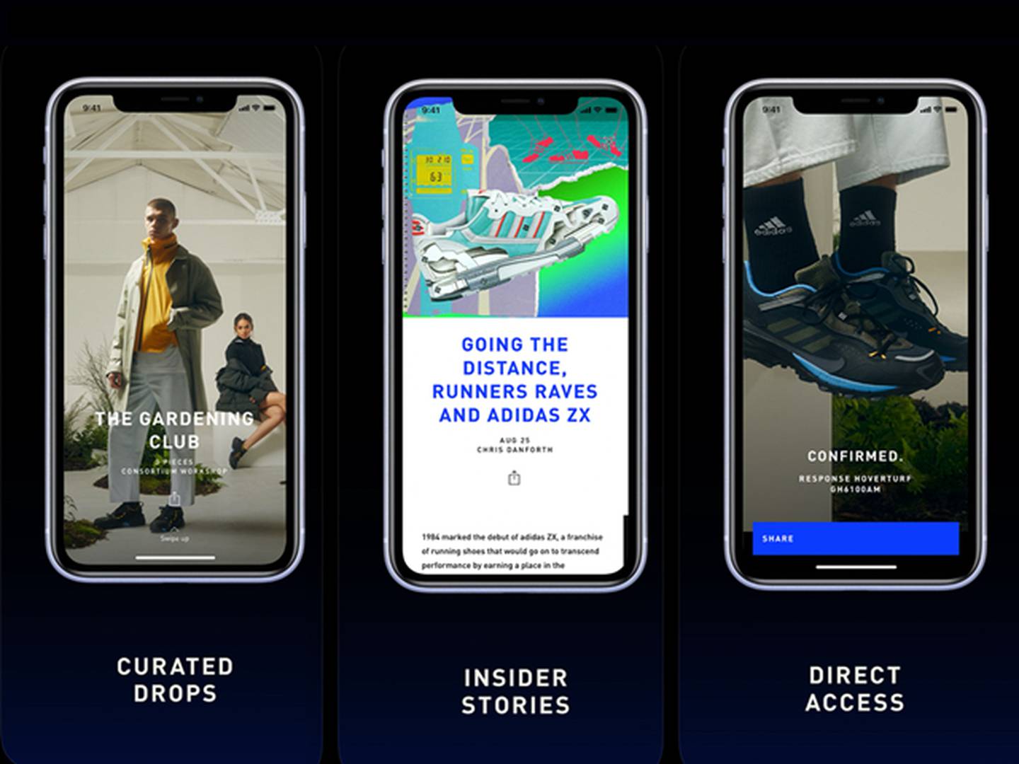 The image shows three different screens on the confirmed app, one highlighting curated drops, another showing insider stories and the last focused on direct access for members.