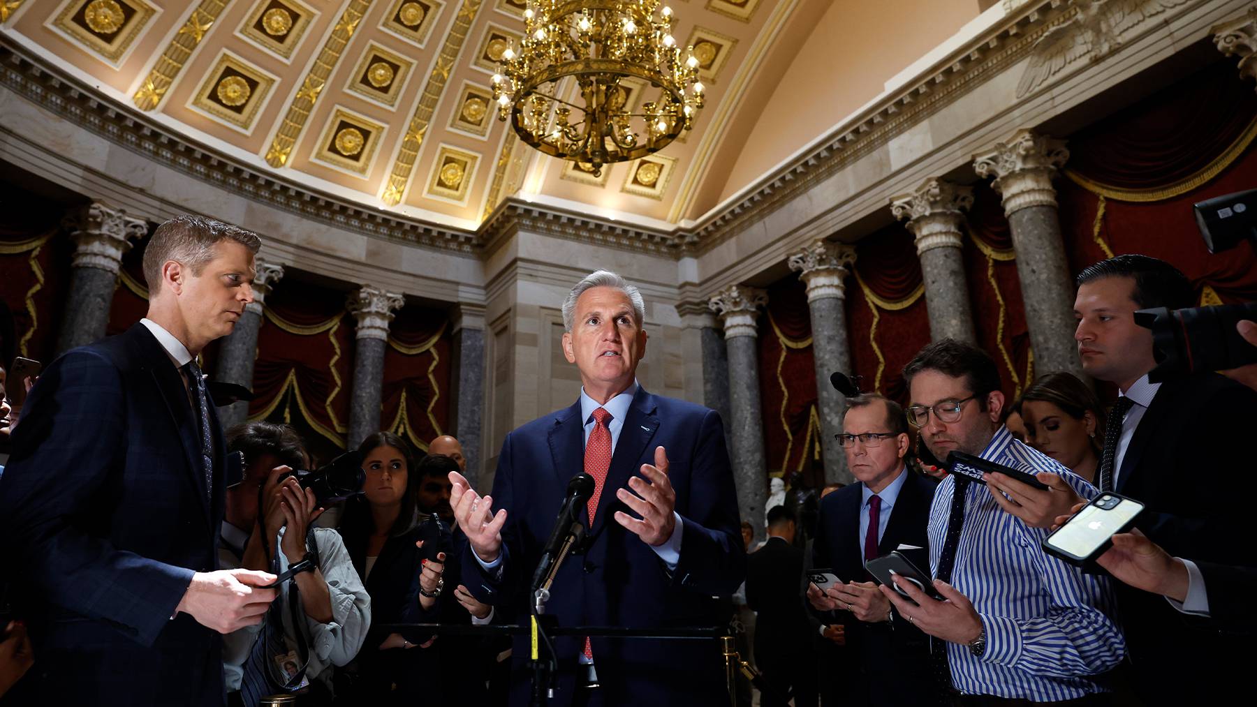 US Speaker of the House Kevin McCarthy speaks to members of the media at the US Capitol.