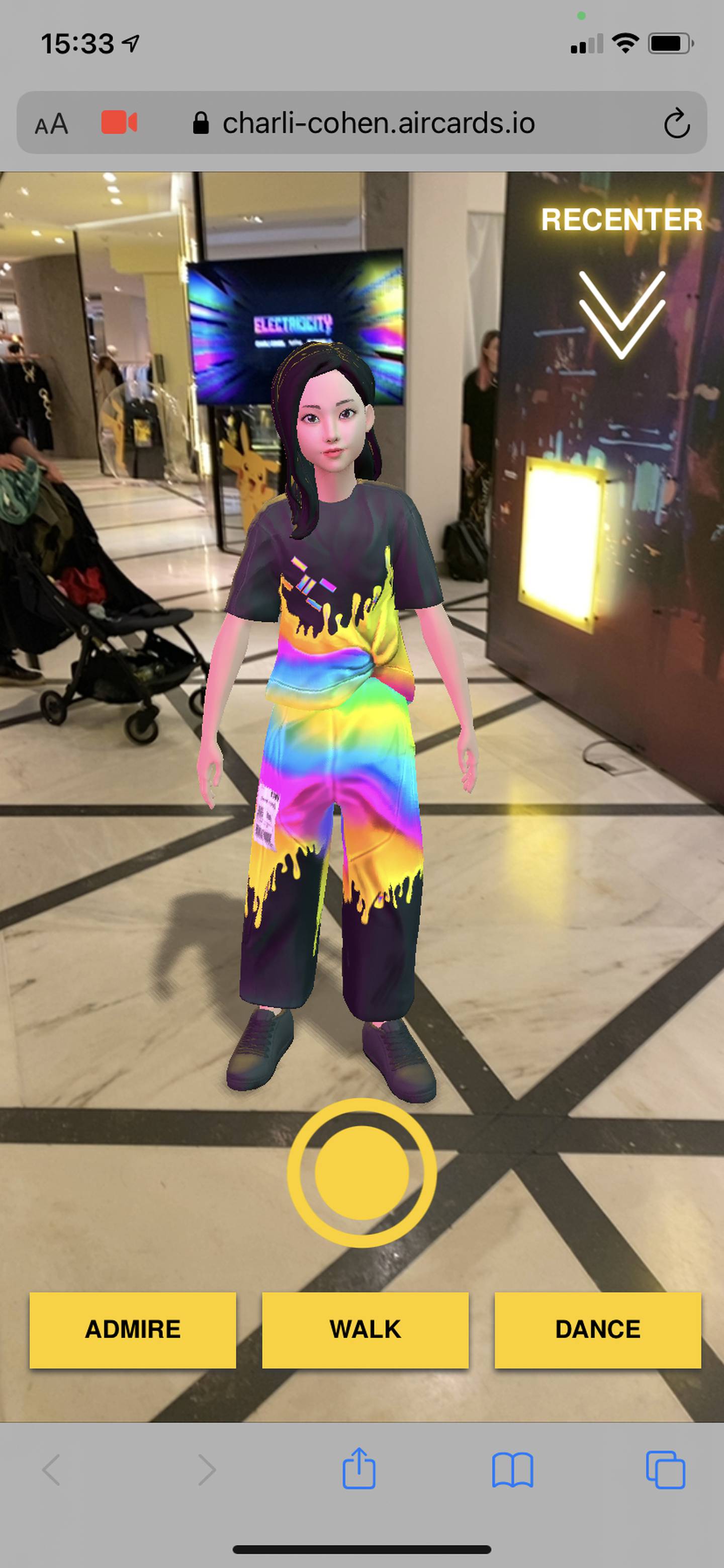 An avatar wearing digital Charli Cohen clothing on the shop floor in Selfridges.