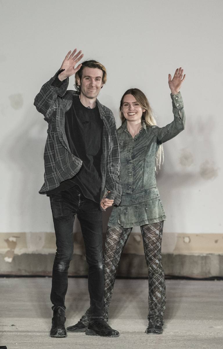 KNWLS co-founders Charlotte Knowles and Alexandre Arsenault at the end of their SS23 show at London Fashion Week.