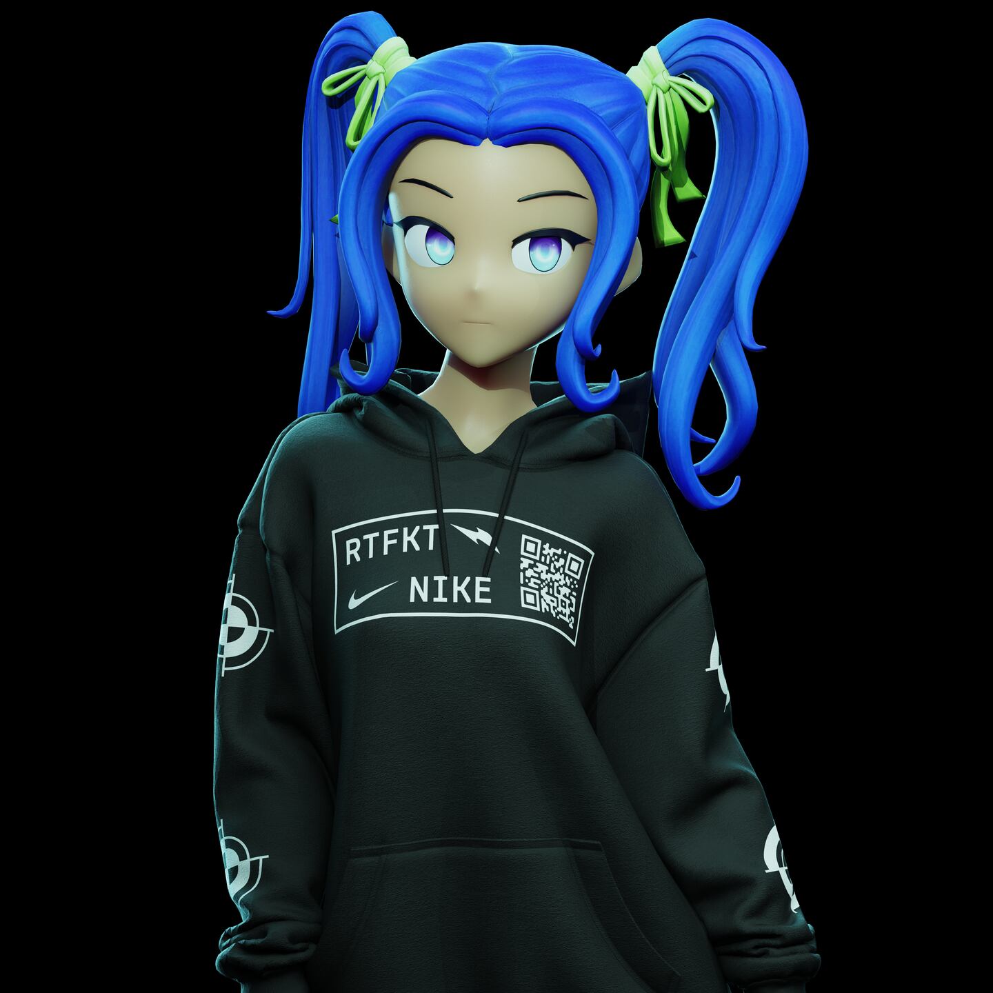 An anime-style avatar of a girl with blue hair wears a black hoodie with the RTFKT and Nike names and logos.