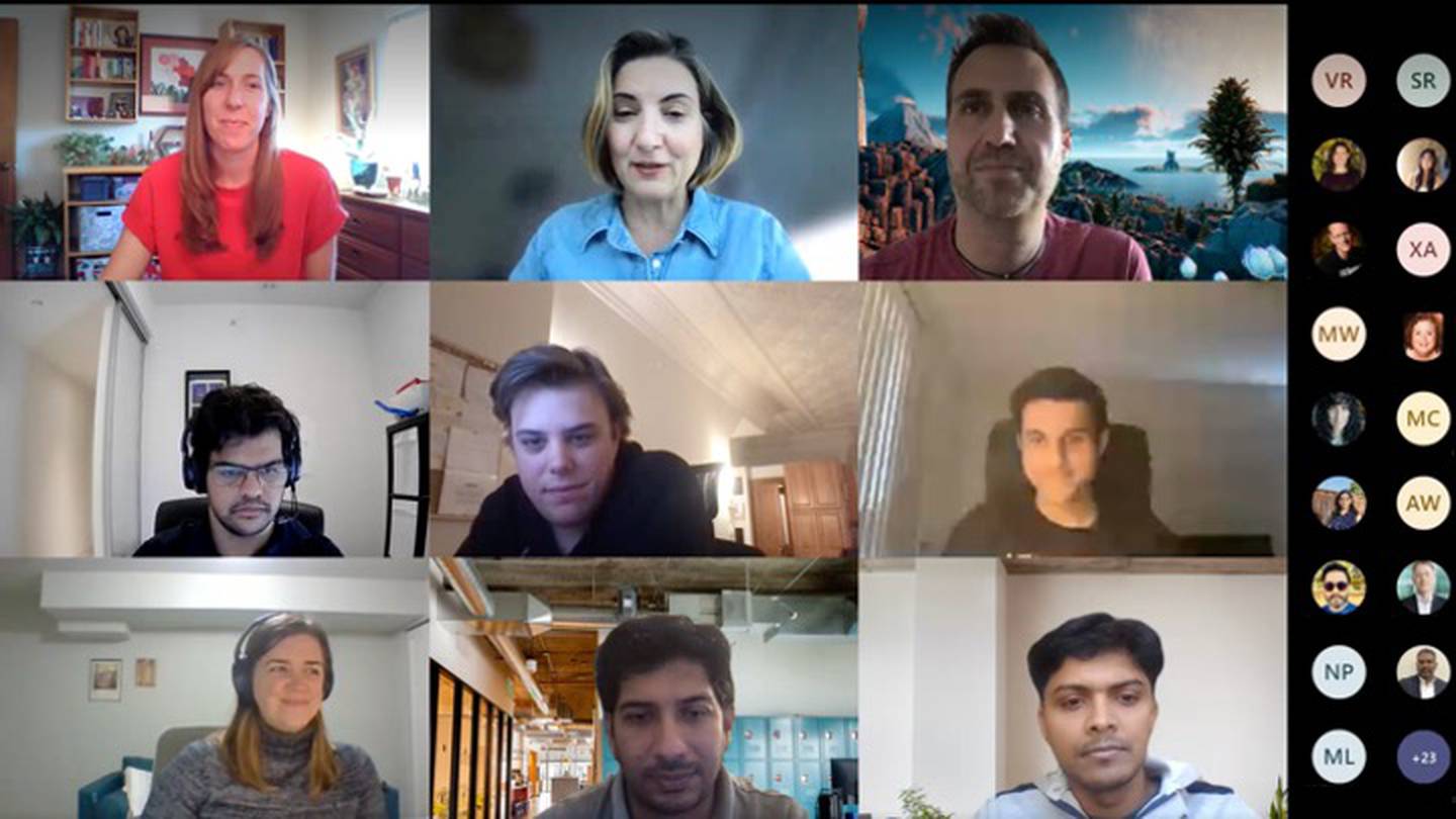 A screenshot of Levi's online graduation ceremony for its AI bootcamp that shows several of the graduates in a grid on the screen.