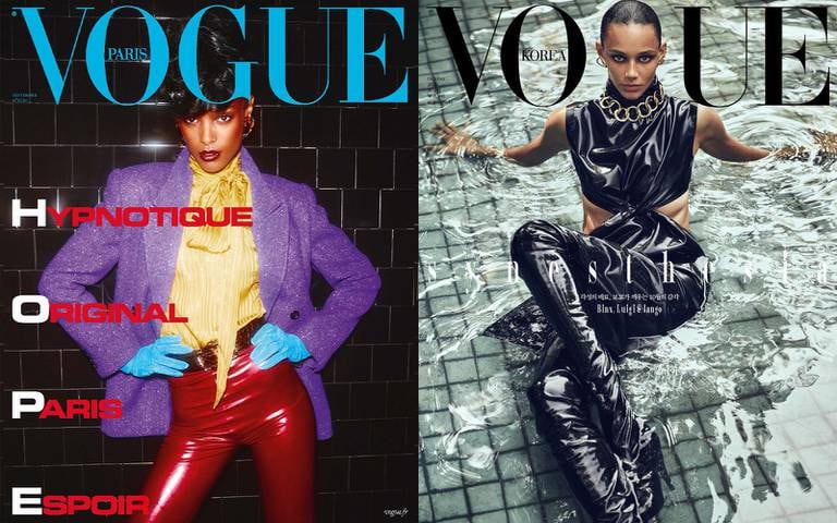 Vogue Paris and Vogue Korea featuring Saint Laurent looks on the cover.