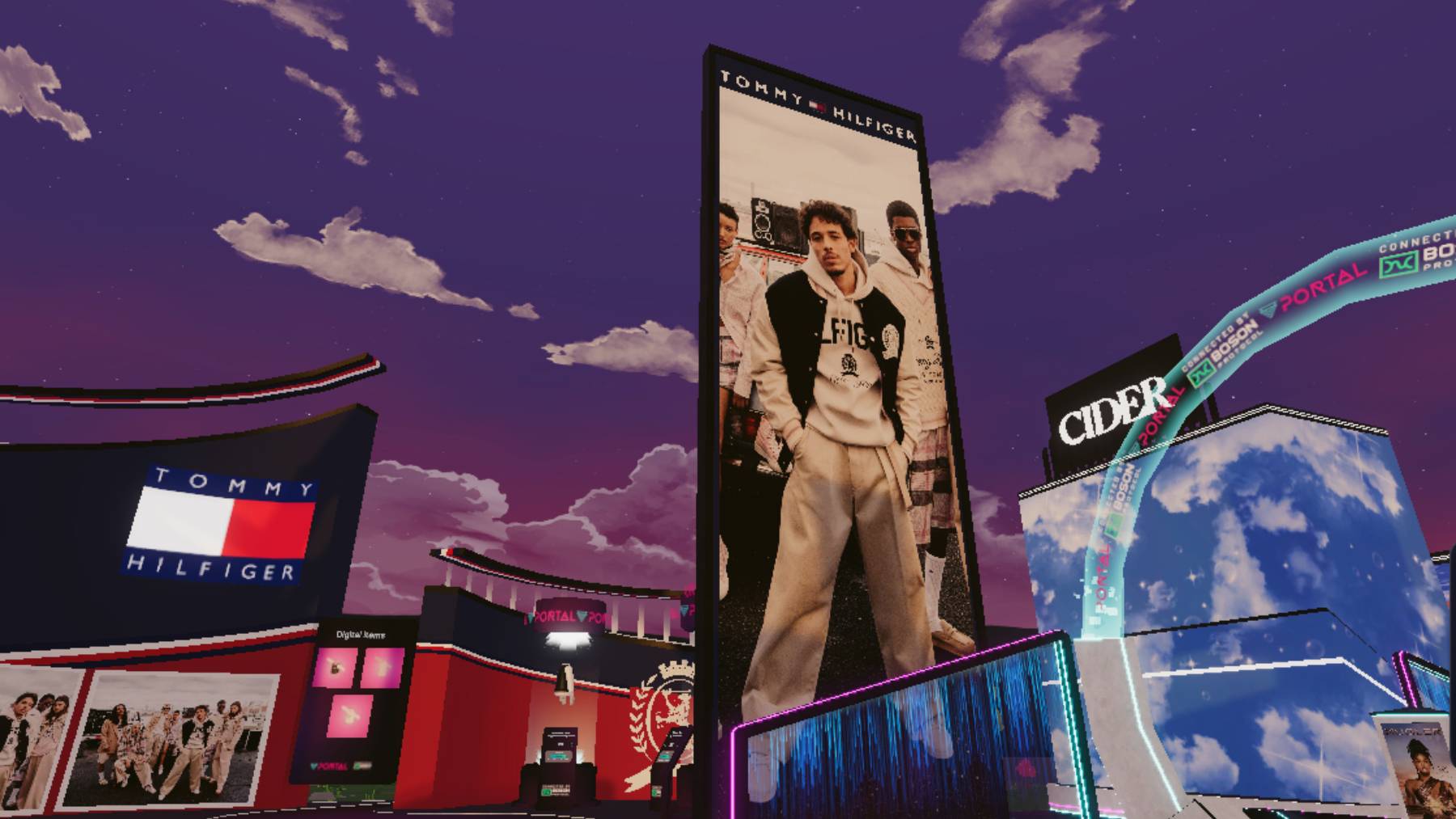 Digital billboards display Tommy Hilfiger campaign imagery in Decentraland.