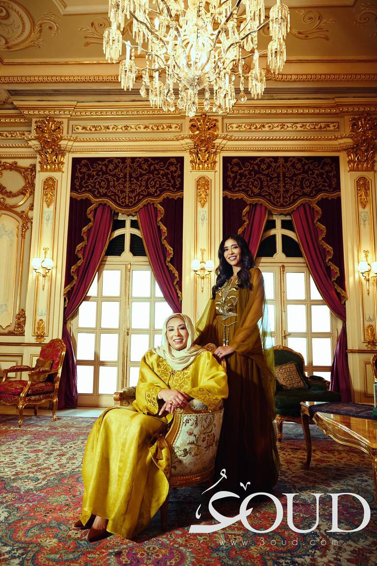 Sheikha Fadia Saad Al-Abdullah Al-Sabah and her daughter Sheikha Nabila Salman Al-Hamoud Al-Sabah pose for a recent 3oud photo shoot. 3oud.