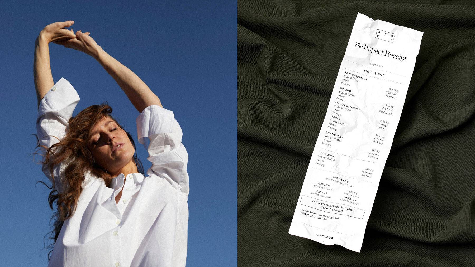 Asket’s “Impact Receipt” gives shoppers a breakdown of the environmental impact of its clothes.