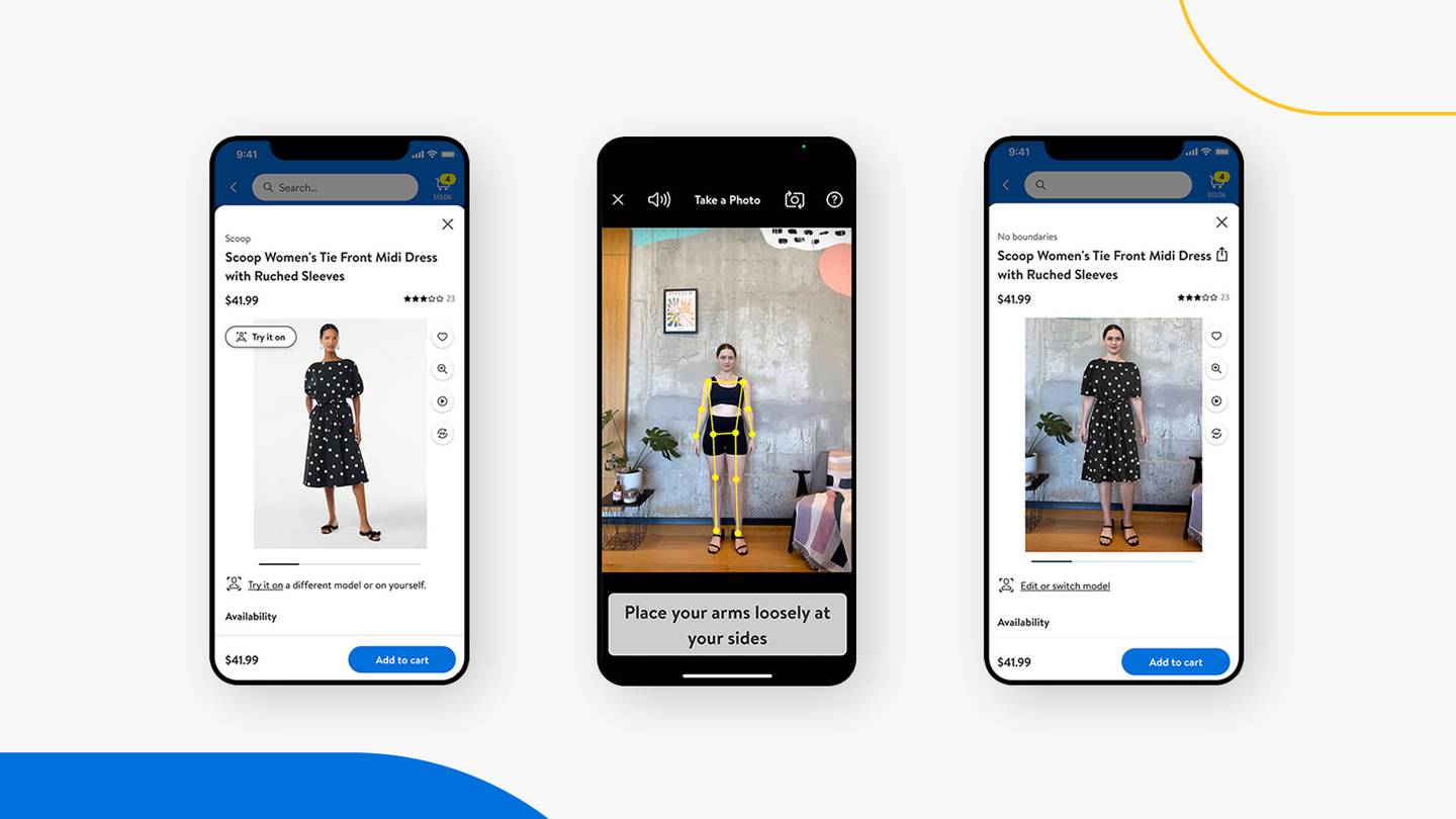 Three phones show the Walmart app open with a model using the company's new virtual try-on tool.
