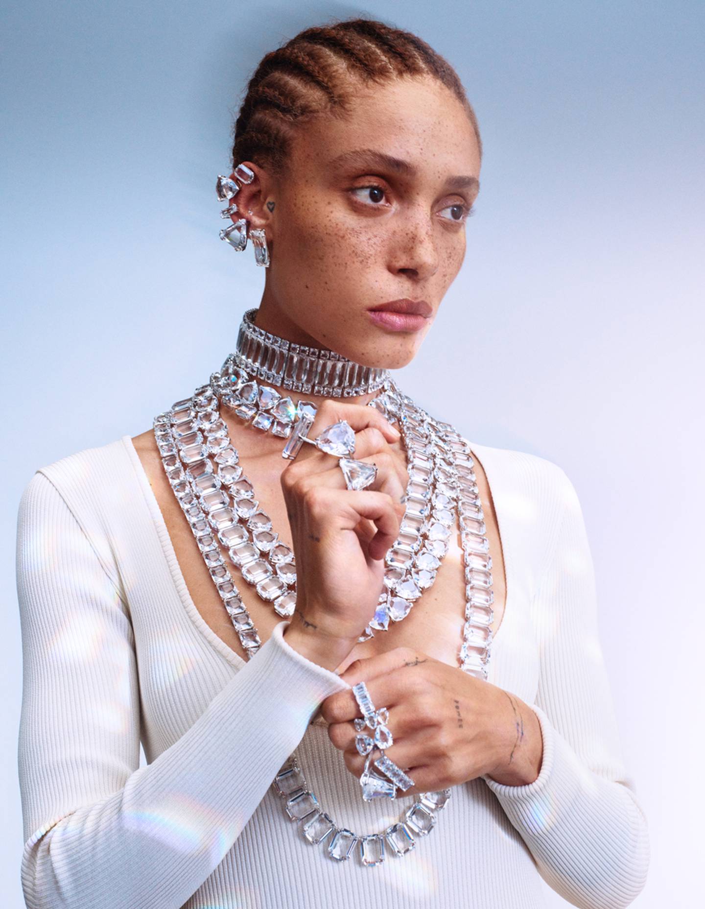 Adwoah Aboah models crystal jewellery designed by Giovanna Battaglia Engelbert for Swarovski.
