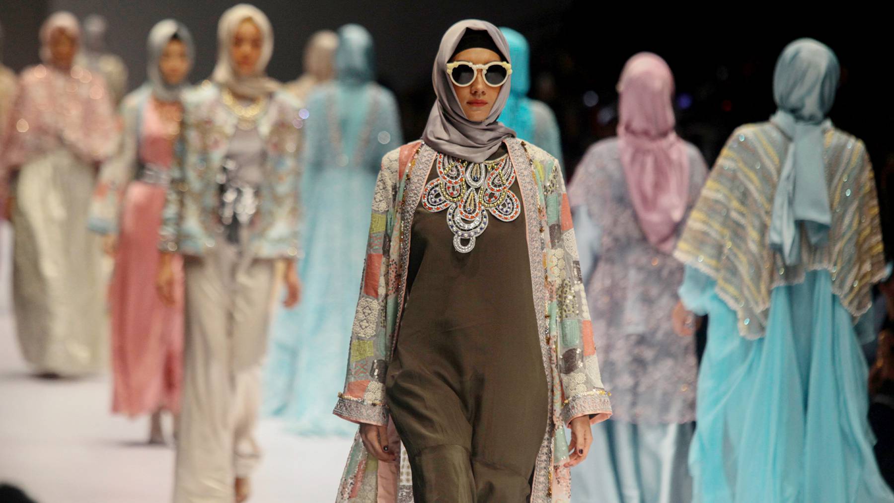 A model on the runway wearing Indonesian modest fashion designer, Anniesa Hasibuan during Jakarta Fashion Week in October, 2016. Getty Images.