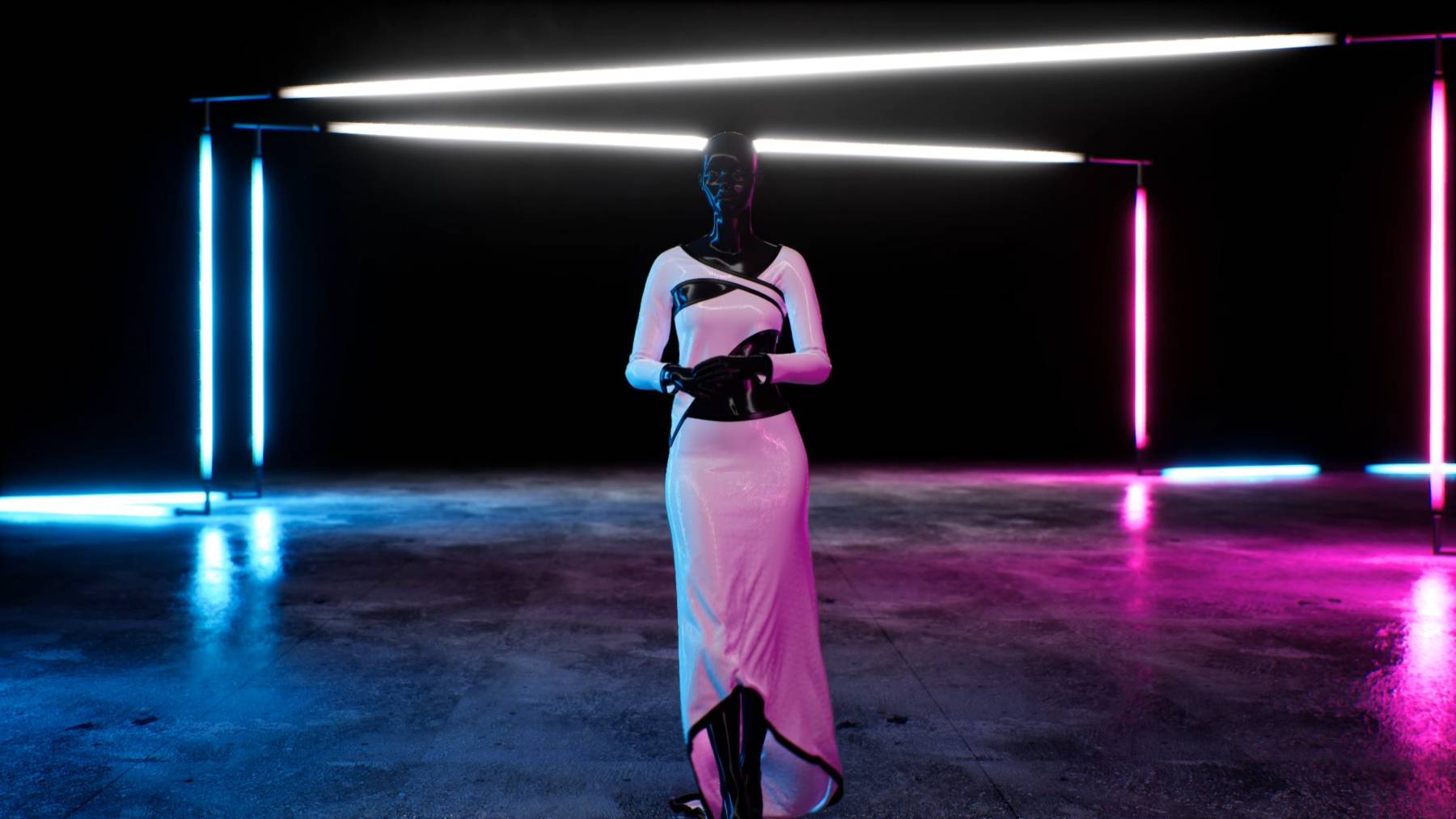 A digital image shows a robotic-looking model in a white dress standing in a dark room lit only by a few neon lights.