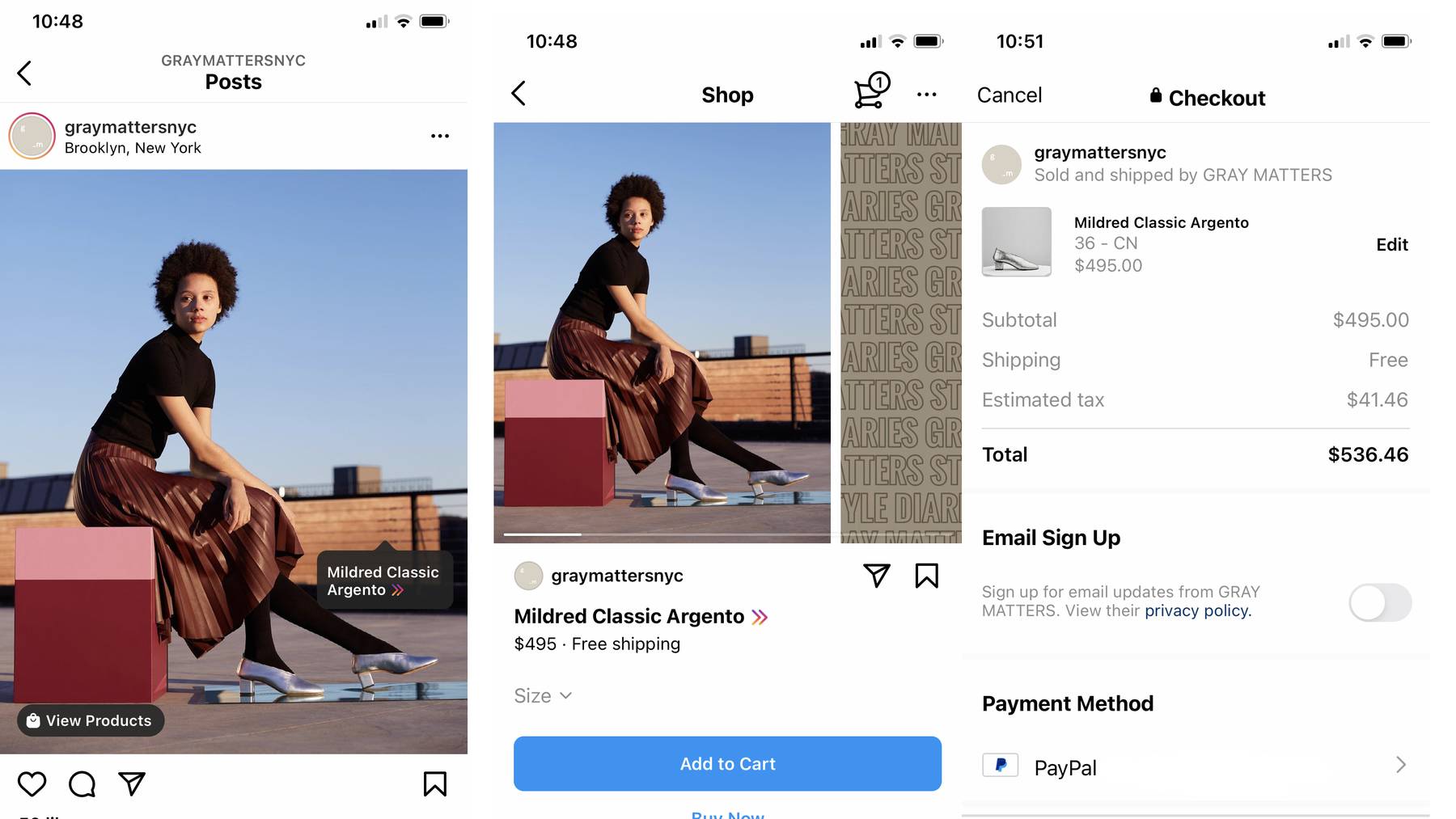 The Instagram Checkout process for Gray Matters.