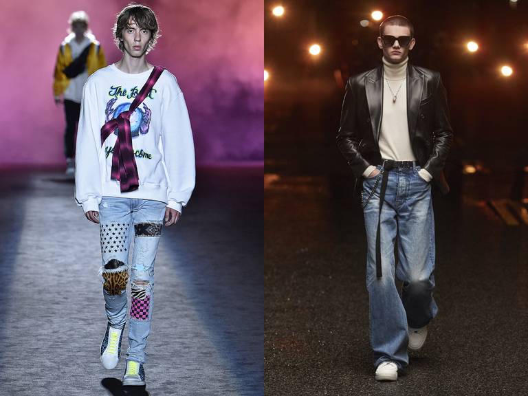 Amiri on the runway, autumn 2018 (left) and autumn 2021 (right). Victor Virgile/Gamma-Rapho via Getty Images