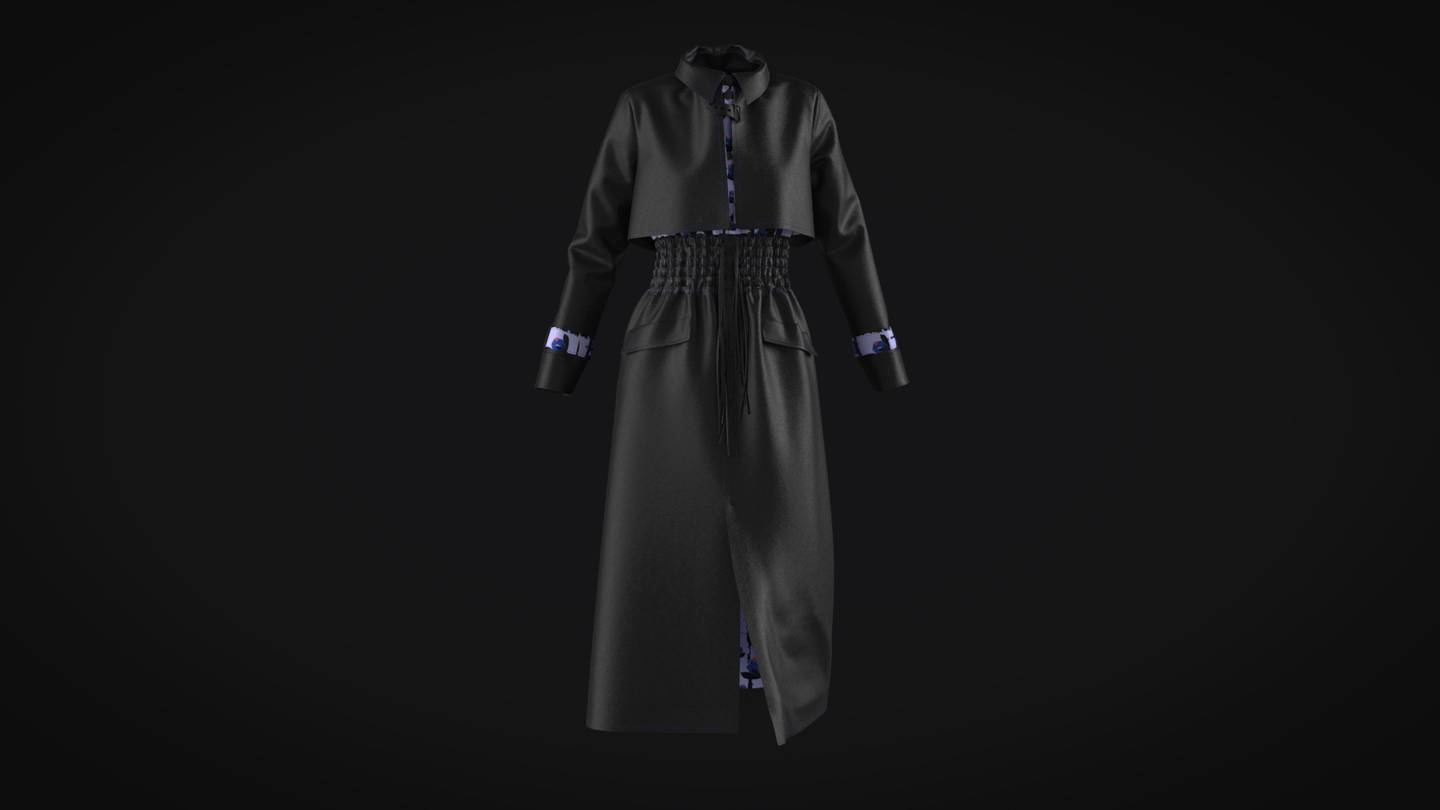 A three-dimensional rendering of a long black jacket in Clo3D.