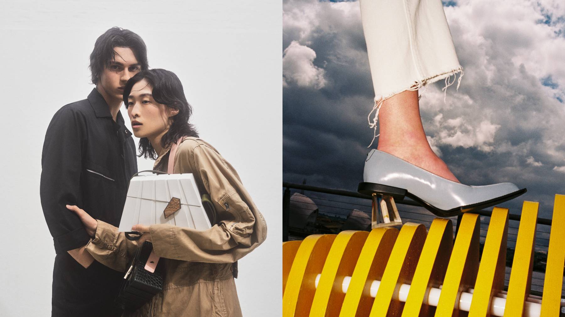 Left, Dominik Saddock and Chu Wong pose for leather goods designer Steven Ma's first campaign. Casper Sejersen. Right, a crystal inside the transparent heel of Ma's Prism shoe. Chloe Le Drezen.