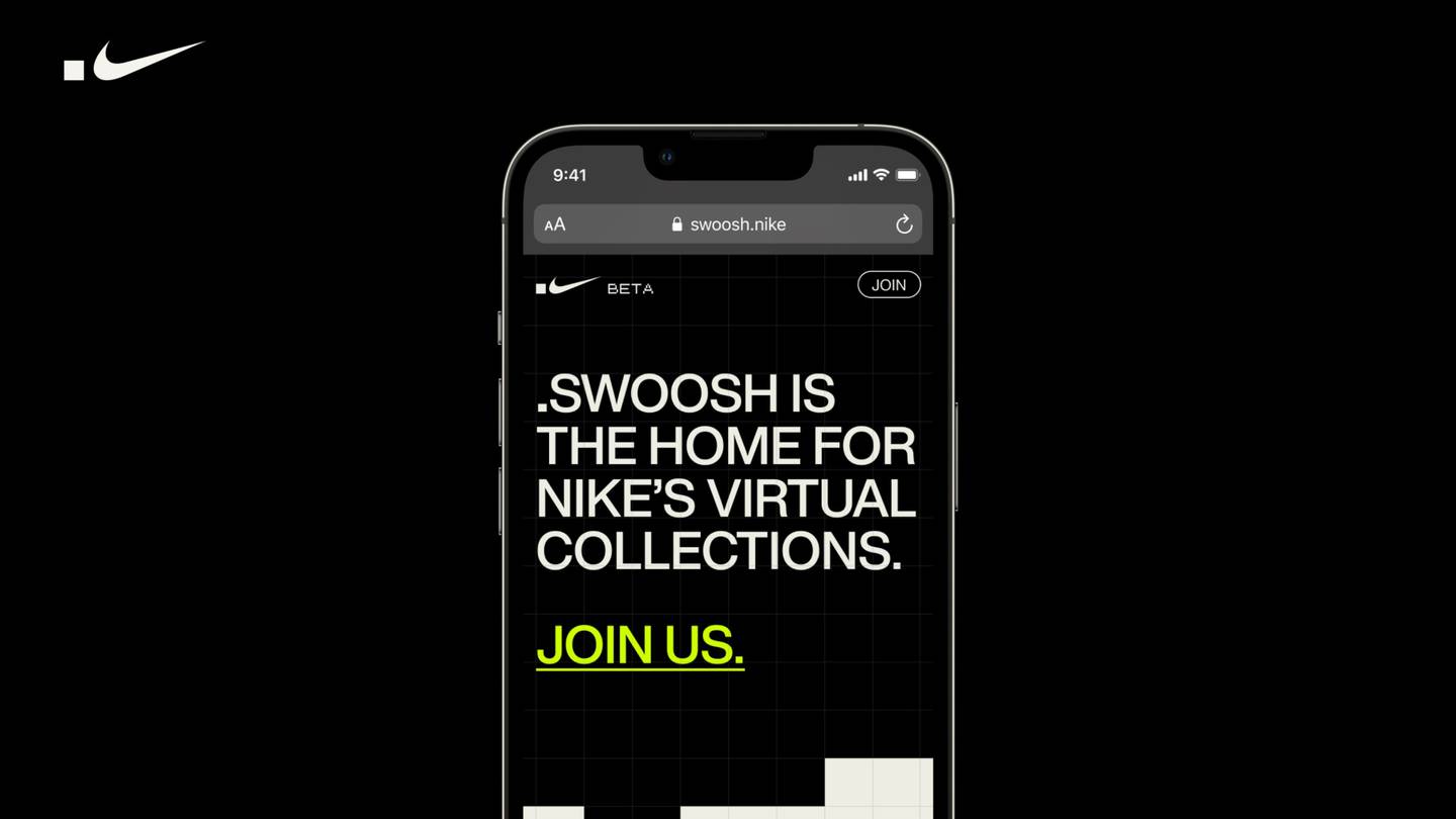 A mobile phone shows a black screen with white text that reads, ".Swoosh is the home for Nike's virtual collections. Join us."