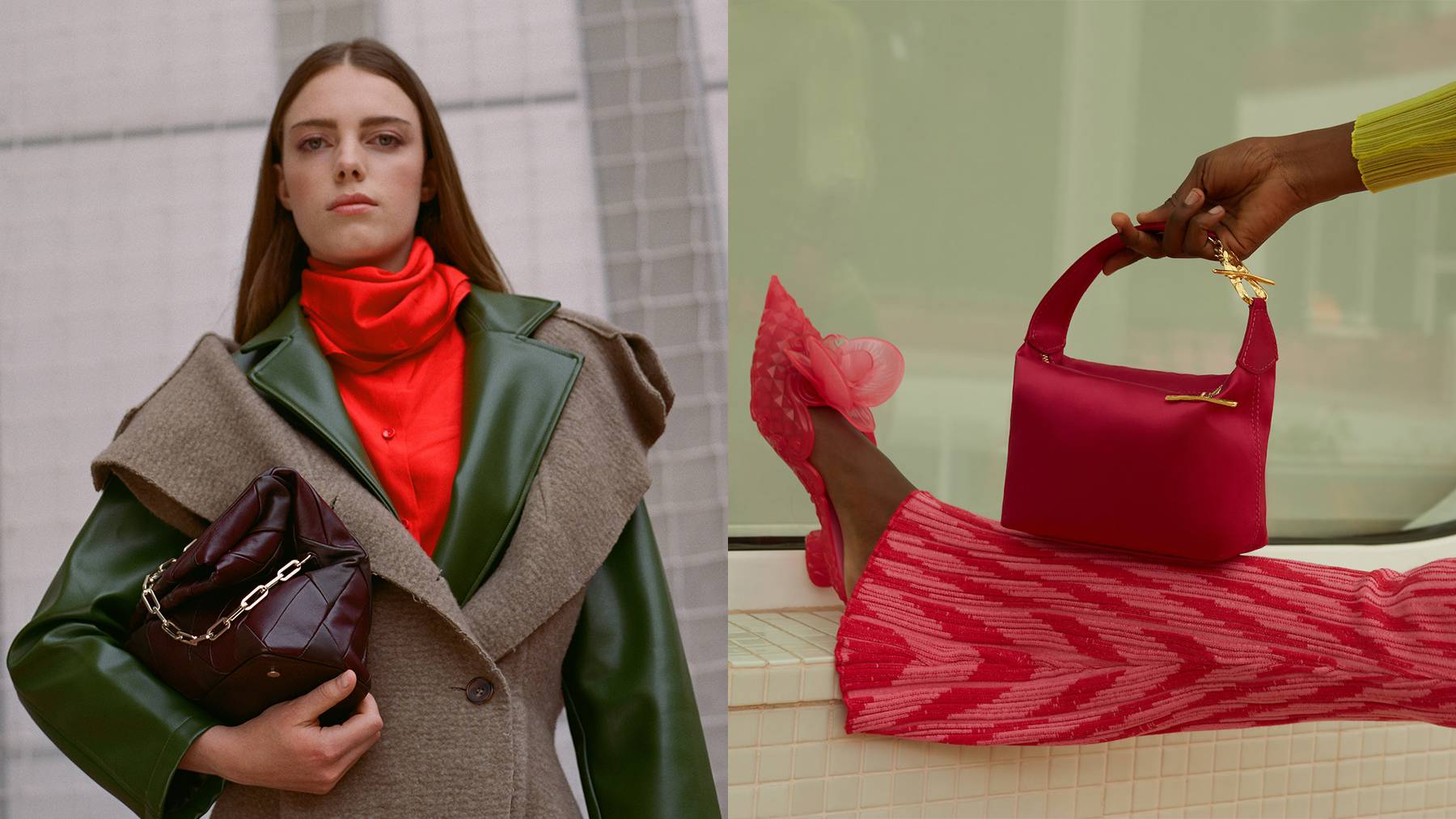 Left: model carrying a brown patchwork leather bag with a gold chain strap by Studio Reco; Right: hand model holding a pink silk bag by Mashu.