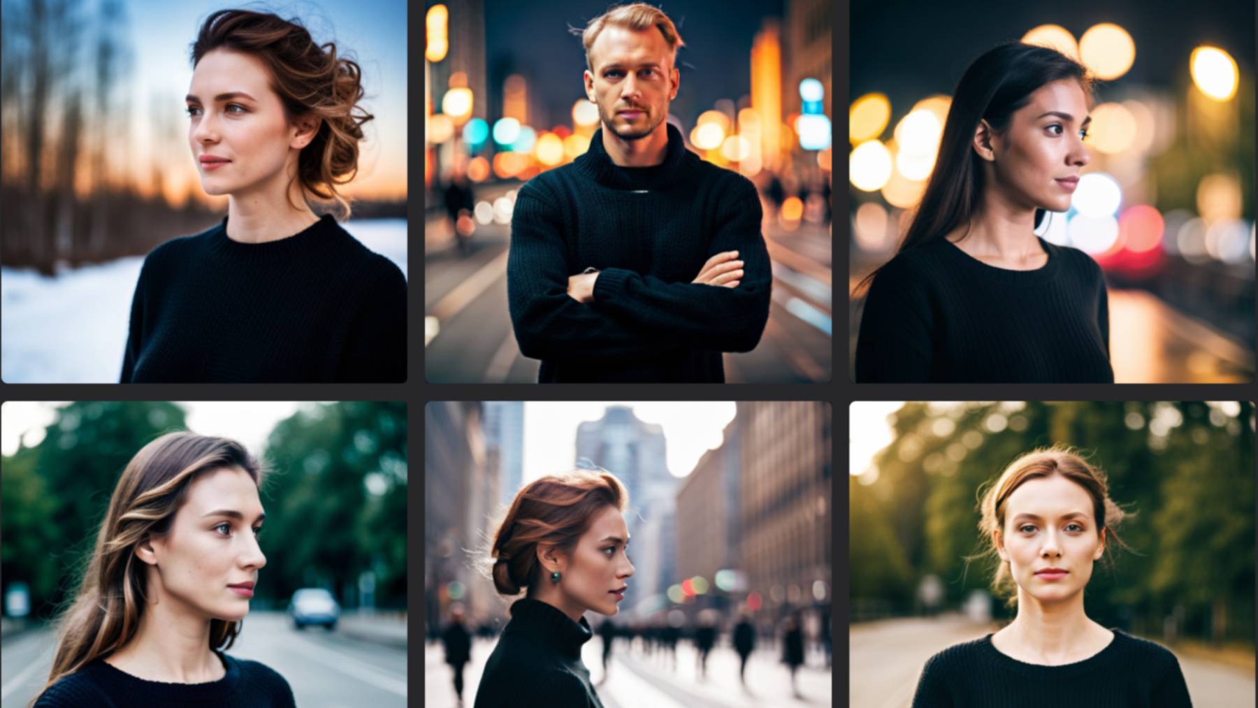 A grid of six AI-generated images shows mostly white models.