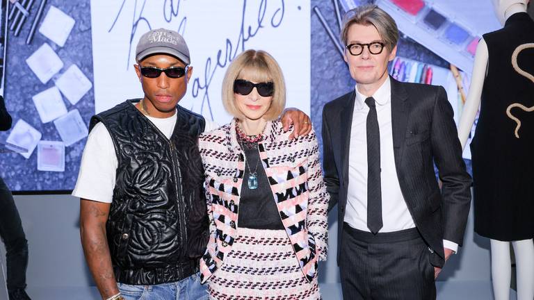 Pharrell Williams, Anna Wintour and Andrew Bolton at the press conference during Paris Fashion Week, which took place in Lagerfeld’s former photography studio.