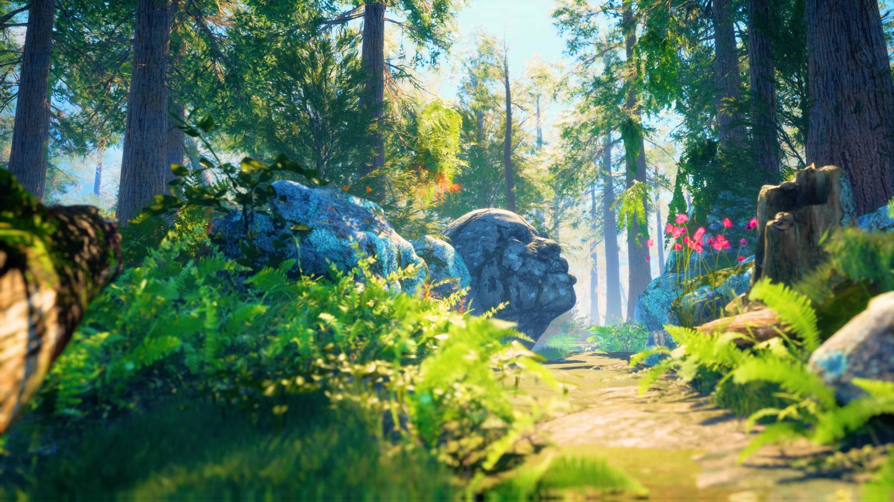 A path runs through a virtual forest and past a large stone head that gazes up toward the treetops.