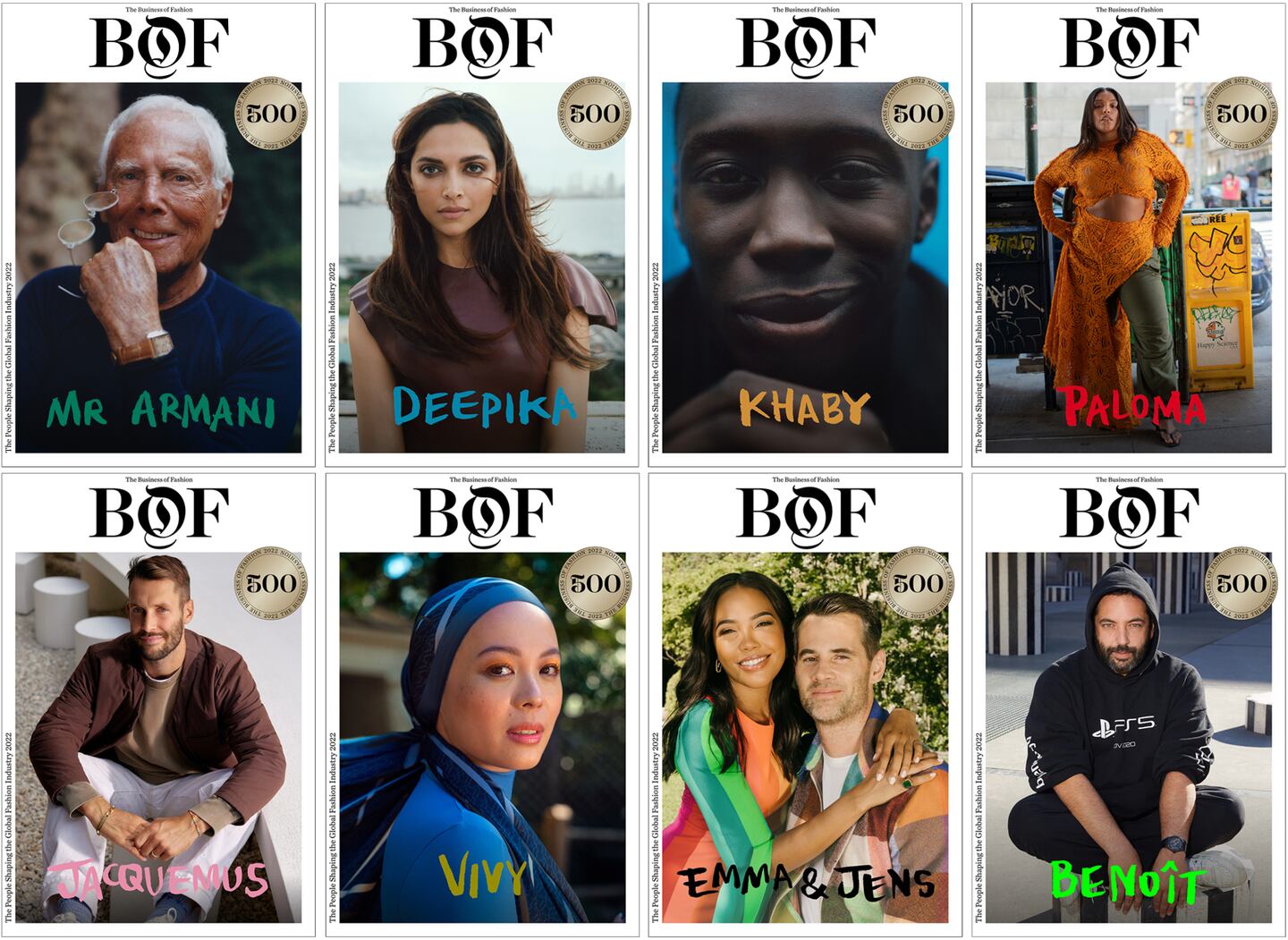 Giorgio Armani, Deepika Padukone, Simon Porte Jacquemus, Paloma Elsesser, Benoit Pagotto, Jens & Emma Grede, Vivy Yusof and Khaby Lame are the subjects of BoF’s global BoF 500 Cover Stories.