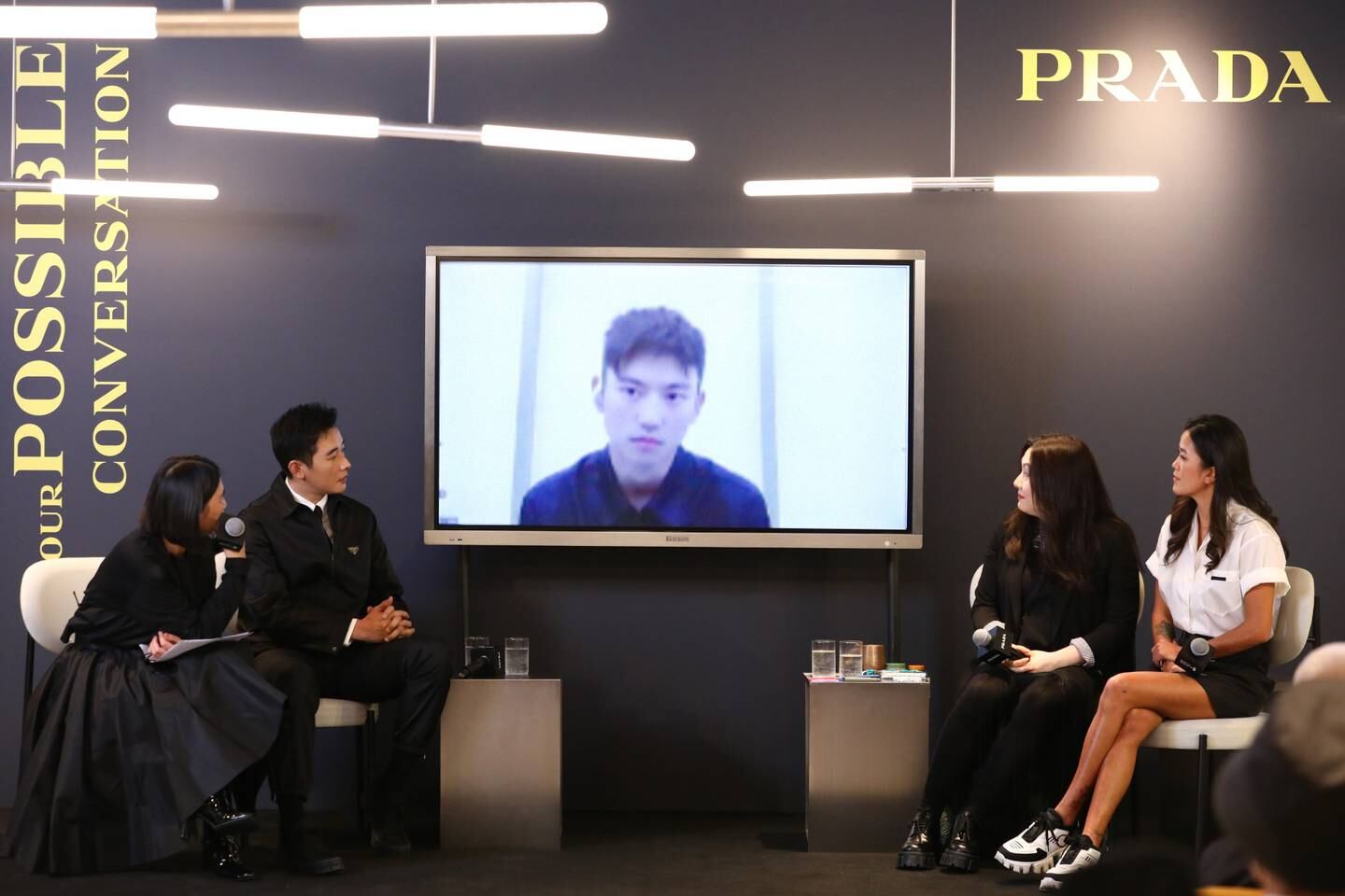 Surfer Monica Guo, actor Luo Jin, architect and professor Lyla Wu and swimmer Ning Zetao discuss ocean conservation at Prada's ‘Possible Conversations' talk on December 9. Prada.