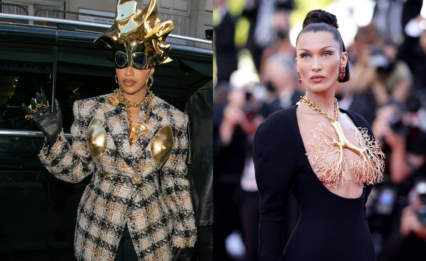 Cardi B. and Bella Hadid both wore Schiaparelli in 2021. Getty Images (left), Schiaparelli (right).