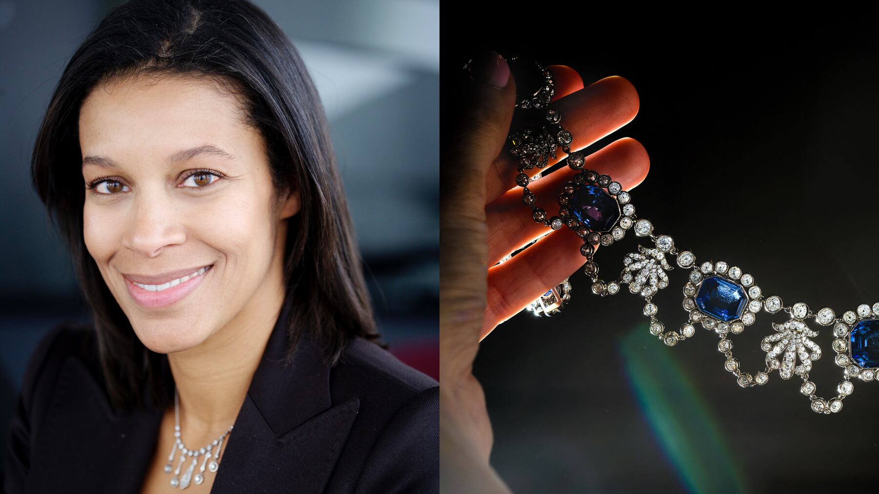 Aline Sylla-Walbaum, global managing director of luxury at Christie's; an early 19th-century sapphire and diamond necklace during a press preview ahead of sales by Christies's in Geneva, Switzerland. Christie's; Getty Images.