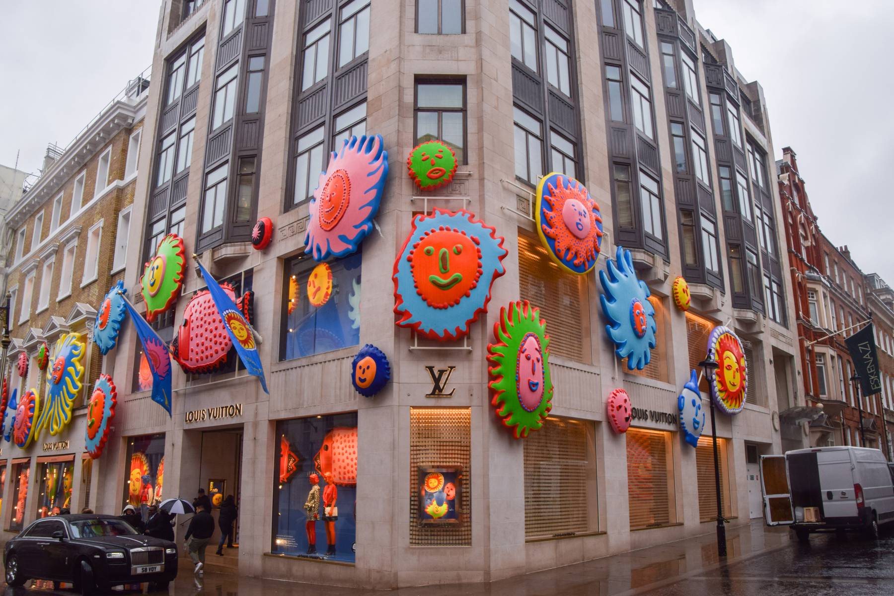 Artwork by Yayoi Kusama decorates Louis Vuittons flagship store on London's Bond Street.